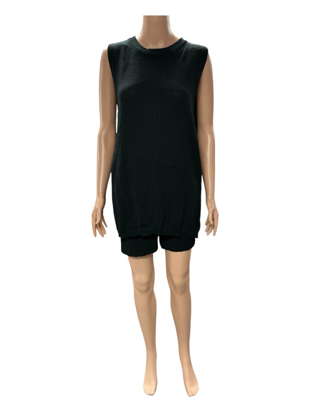 Textured Black Knit Sleeveless Tunic with Matching Shorts